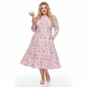 Pink Floral Cottagecore Long Sleeve Midi Dress